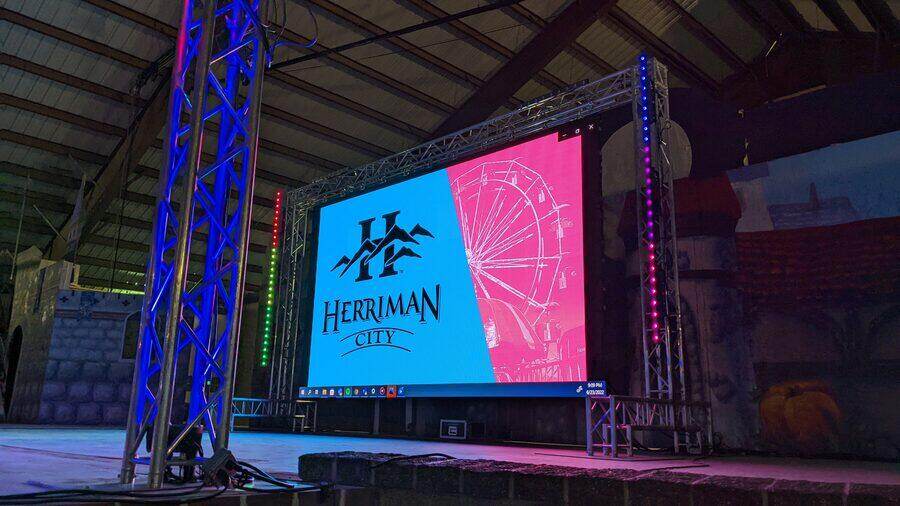 LED video wall on truss at a corporate event