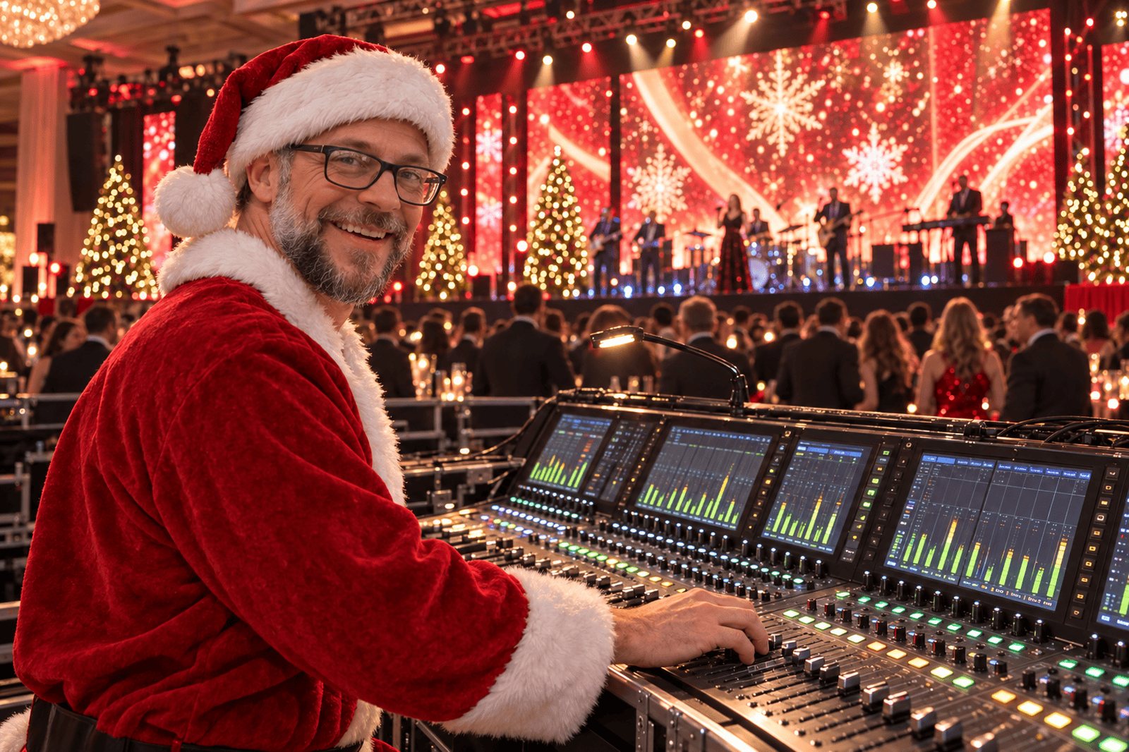 True AV engineer in a Santa hat mixing live sound at a corporate holiday party, band on a snowflake-lit stage behind him