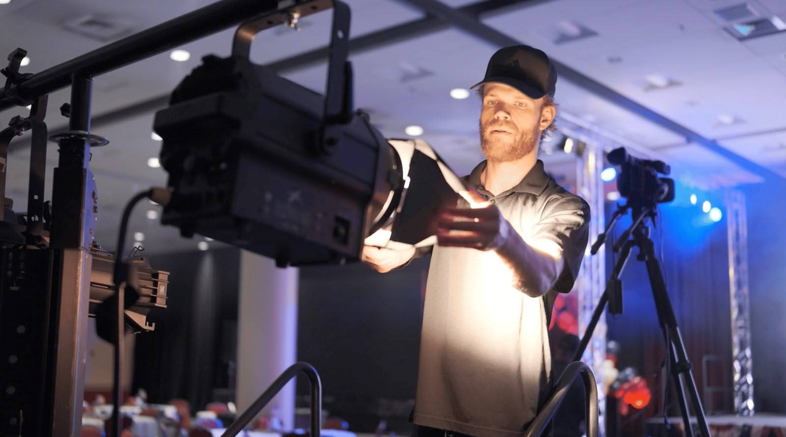 Lighting technician focusing a fixture before the show